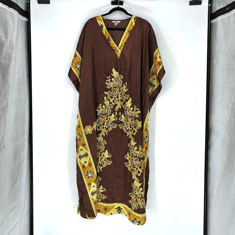 Winlar Women's Brown & Yellow Floral Satin Kaftan - OS to 2X - Boho - 70s